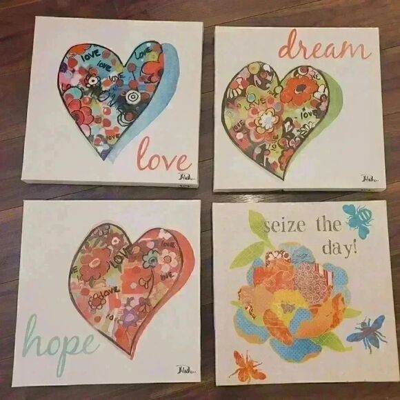 Hearts of Love Girl's Bedroom Wall Decor Canvas Prints Bundle of 4 12x12 EUC - Picture 2 of 4